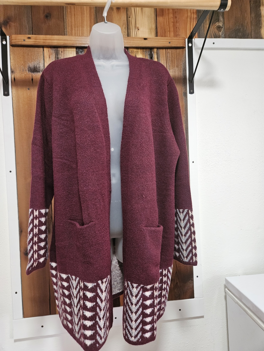 Frye Burgundy Open-Front Cardigan with White Geometric Trim